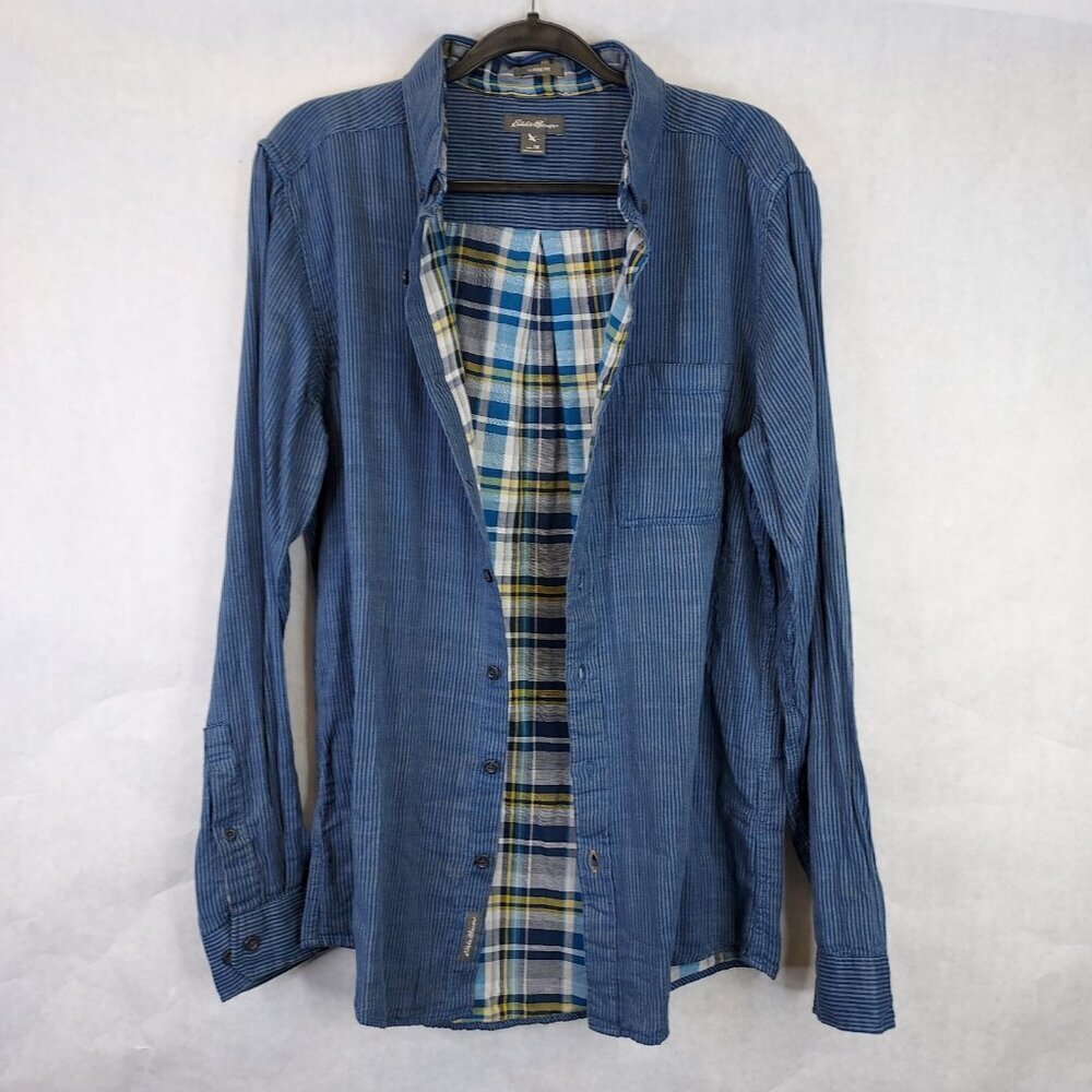 Eddie Bauer Classic Fit Button Down Shirt Men's Tall M Blue Striped Plaid Lined